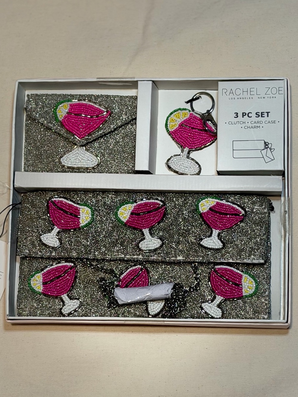 Rachel Zoe Silver Glitter 3-Piece Clutch Set with Pink Cocktail Beads